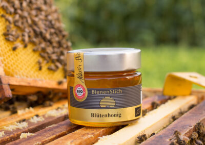 Blütenhonig-250g-Bienenstich-Honig-biologisch-bio-Waldhonig-Blütenhonig-Österreich-Wien-Manhartsbrunn-Familie-Stich-Imker-Imkerei-Produktfoto-Biene-1